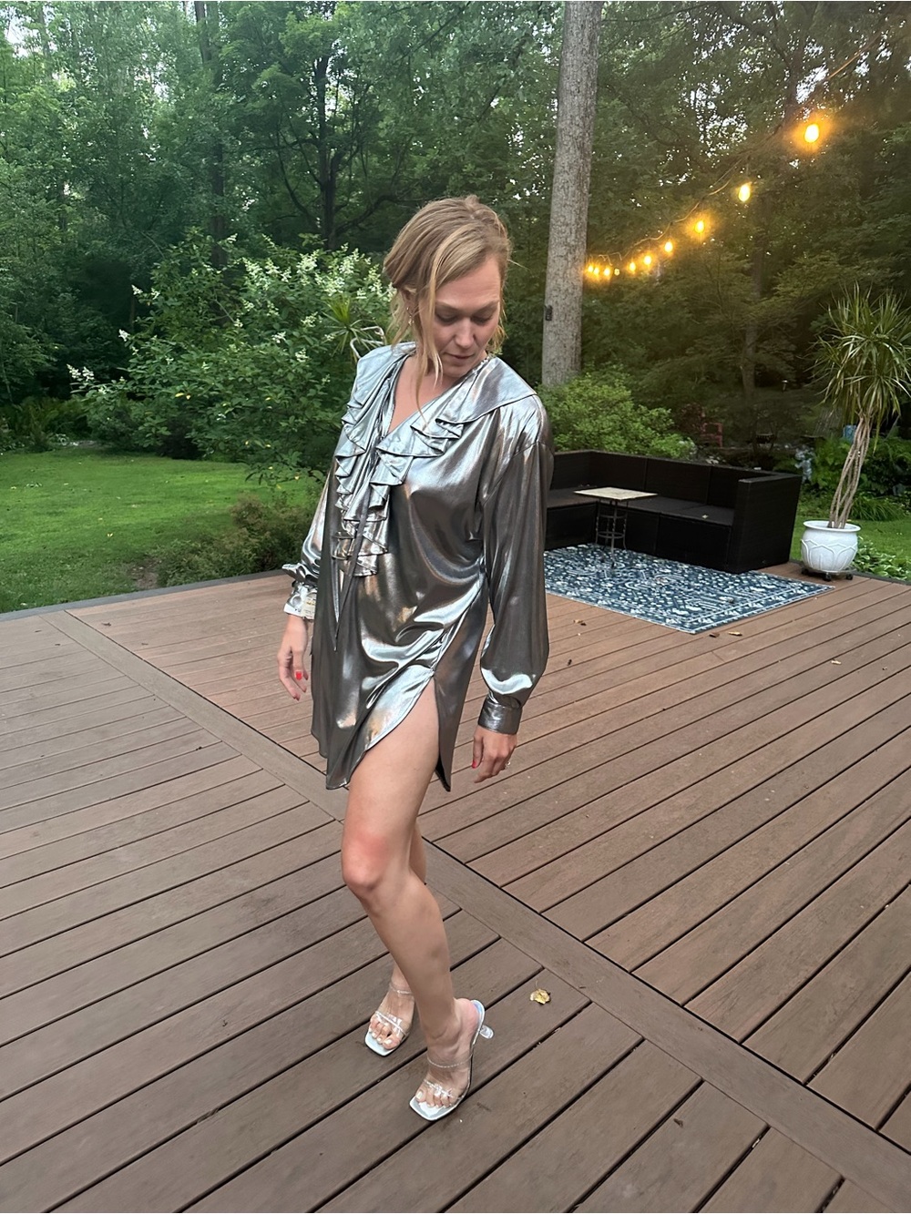 Metallic Silver Ruffle Front Mini Dress - Picture 3 of 7